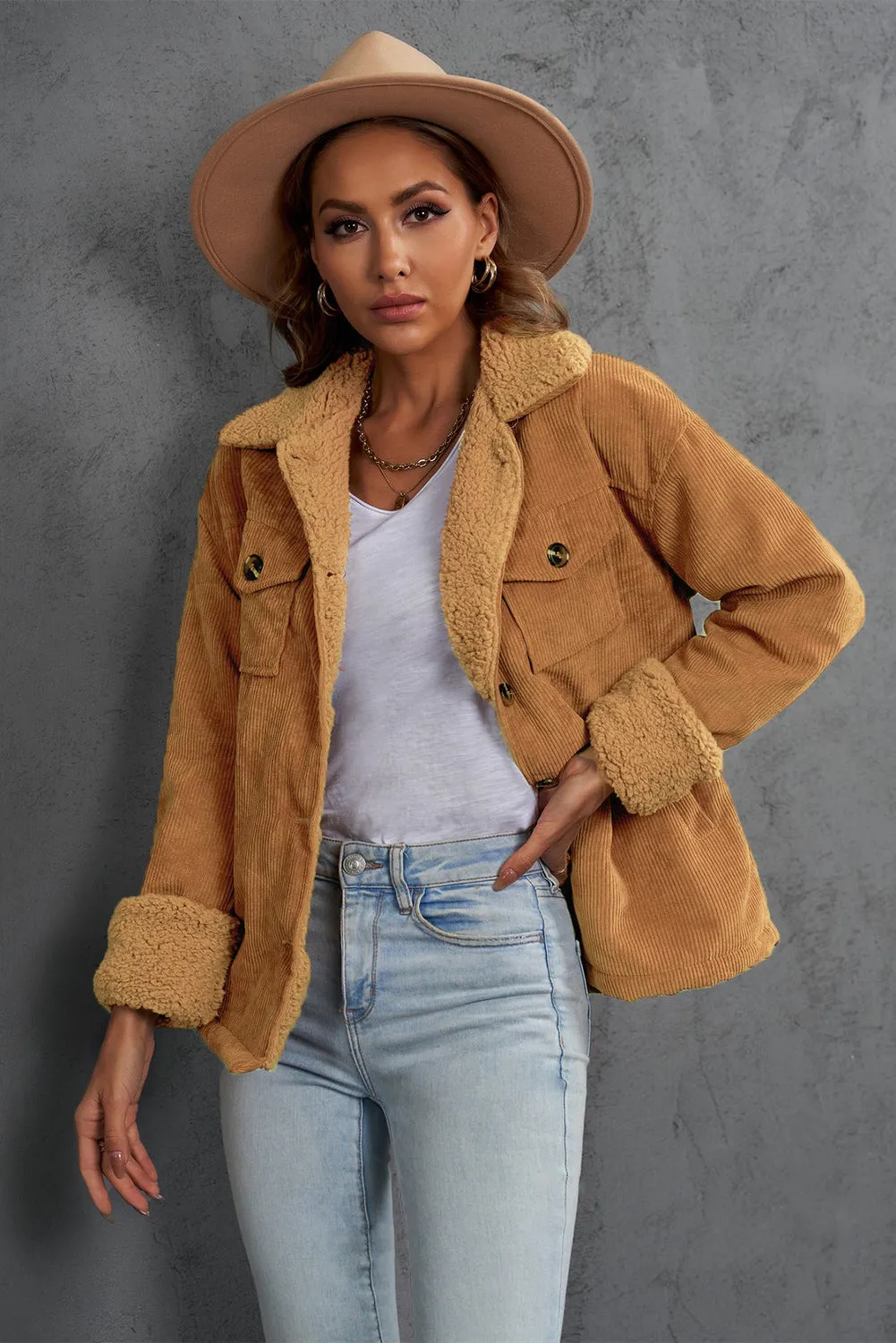 Corduroy Winter Warm Jackets Fleece Lining Shacket Coats Outwear
