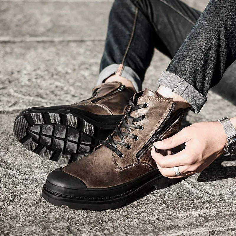 Genuine Leather Autumn Men's Waterproof Ankle Boots, Martin