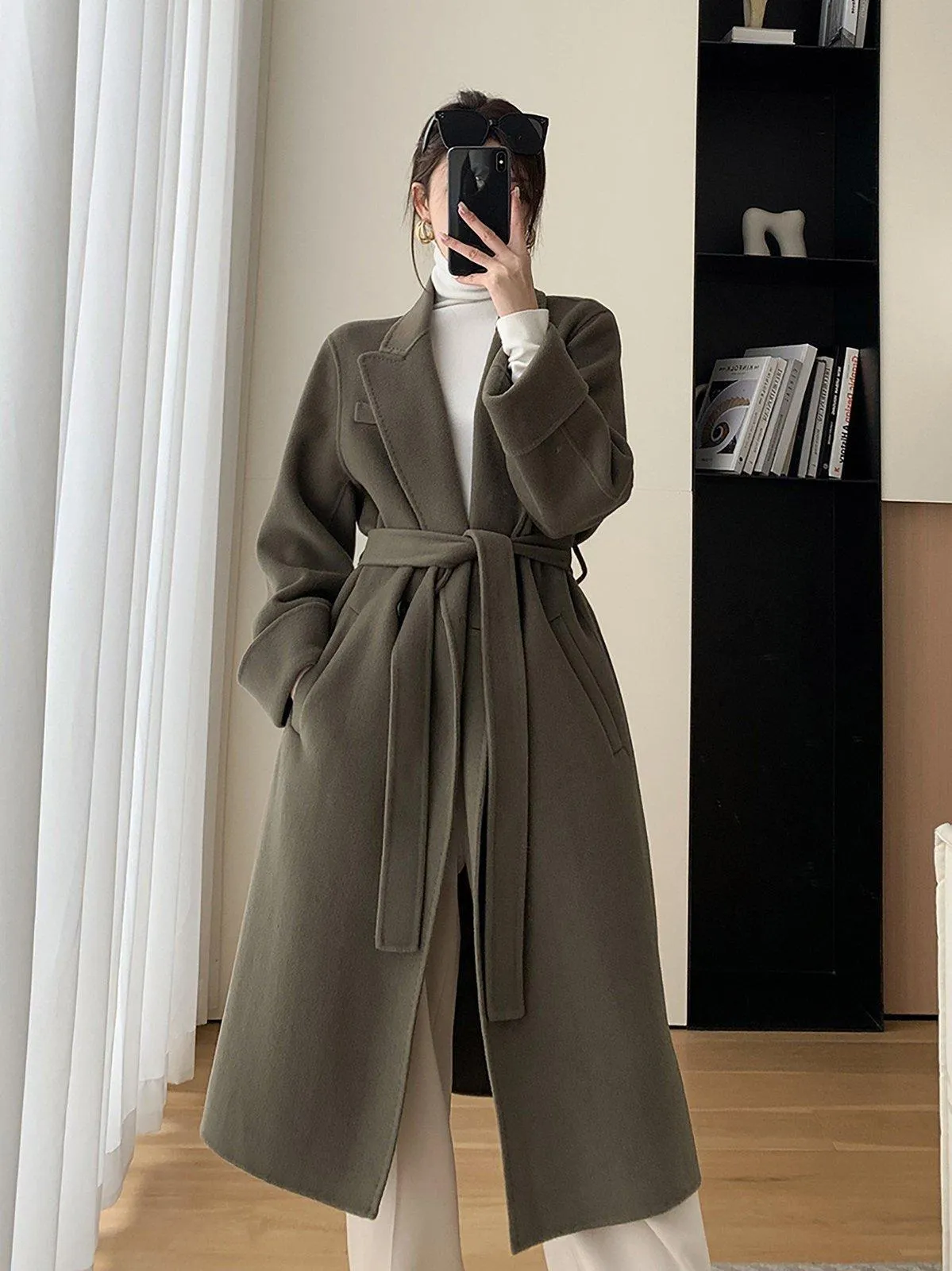 Women Double Faced Wool Long Coat,Handmade Coat,White Long Wool Coat,Olive Wool Overcoat,Wrap Wool Coat,Warm Winter Coat,Oversize Wool Coat